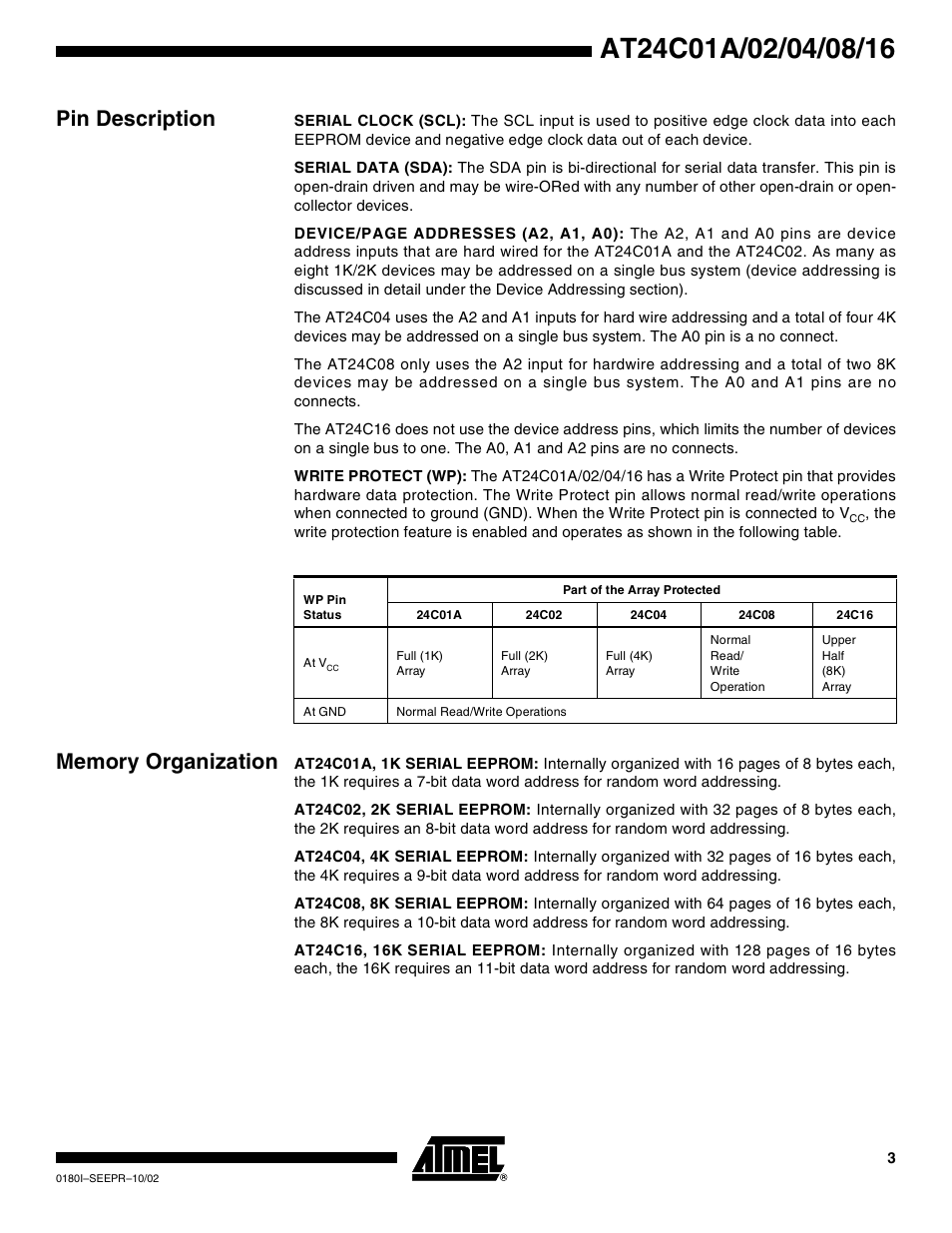 Pin description, Memory organization | Rainbow Electronics AT24C16 User Manual | Page 3 / 22
