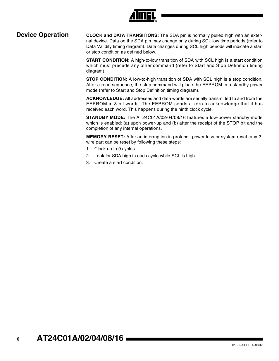 Device operation | Rainbow Electronics AT24C16 User Manual | Page 6 / 22