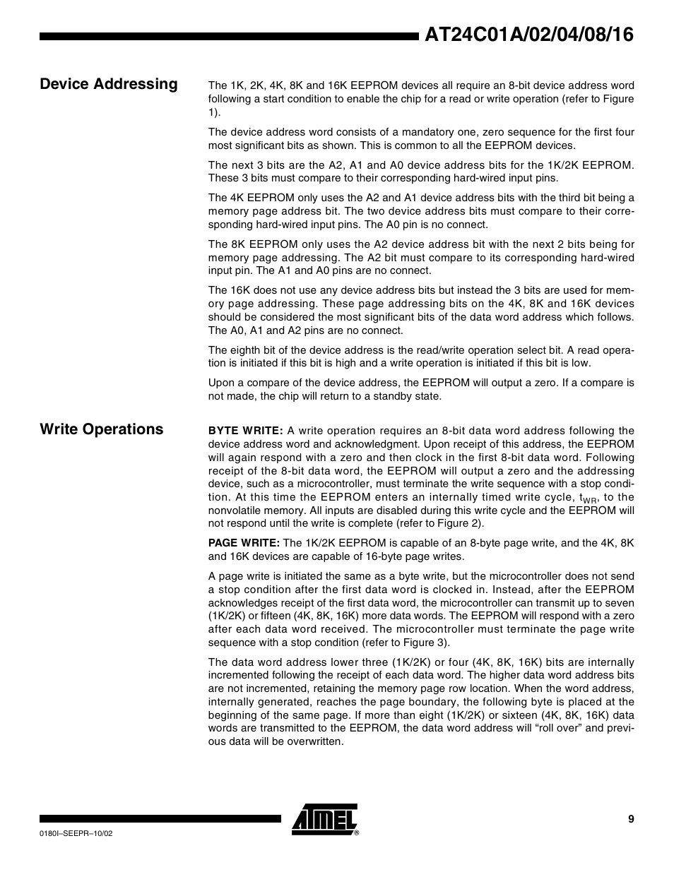 Device addressing, Write operations | Rainbow Electronics AT24C16 User Manual | Page 9 / 22