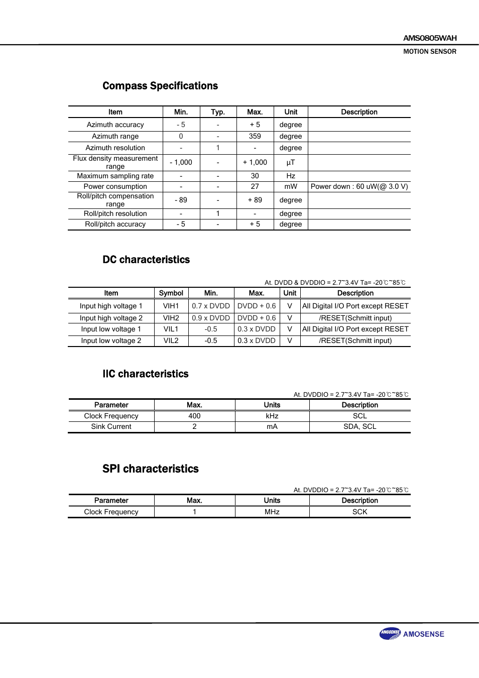 Spi characteristics, Compass specifications, Dc characteristics | Iic characteristics | Rainbow Electronics DAB-GPS-C01 User Manual | Page 4 / 28