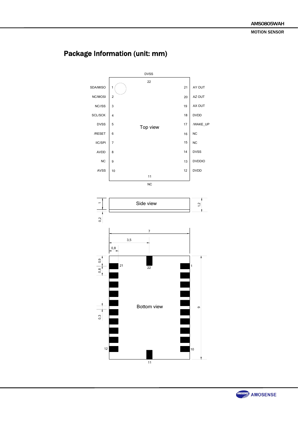 Package information (unit: mm), Ams0805wah, Bottom view side view top view | Rainbow Electronics DAB-GPS-C01 User Manual | Page 6 / 28