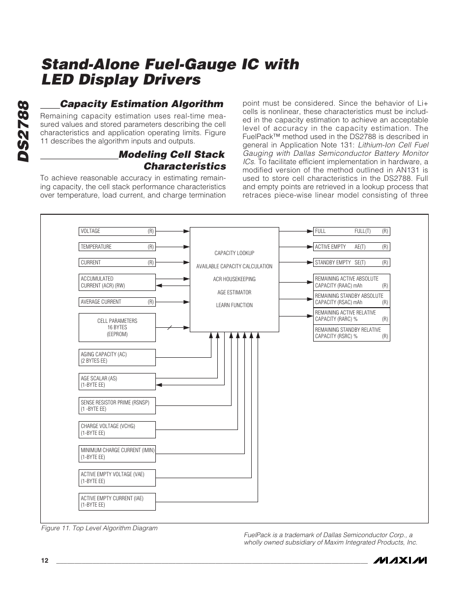 Ds 2 7 8 8, Stand-alone fuel-gauge ic with led display drivers, Capacity estimation algorithm | Modeling cell stack characteristics | Rainbow Electronics DS2788 User Manual | Page 12 / 30