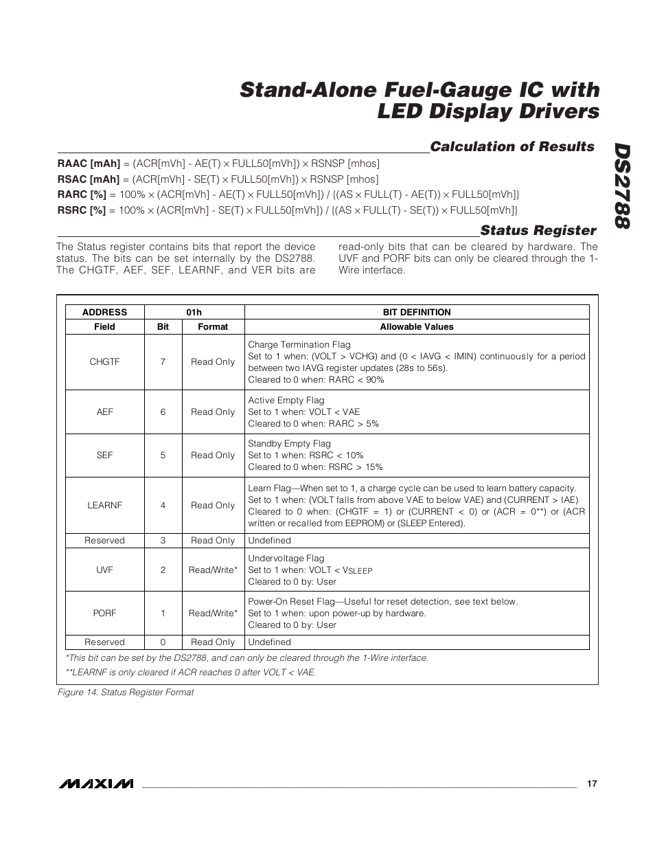 Calculation of results, Status register | Rainbow Electronics DS2788 User Manual | Page 17 / 30