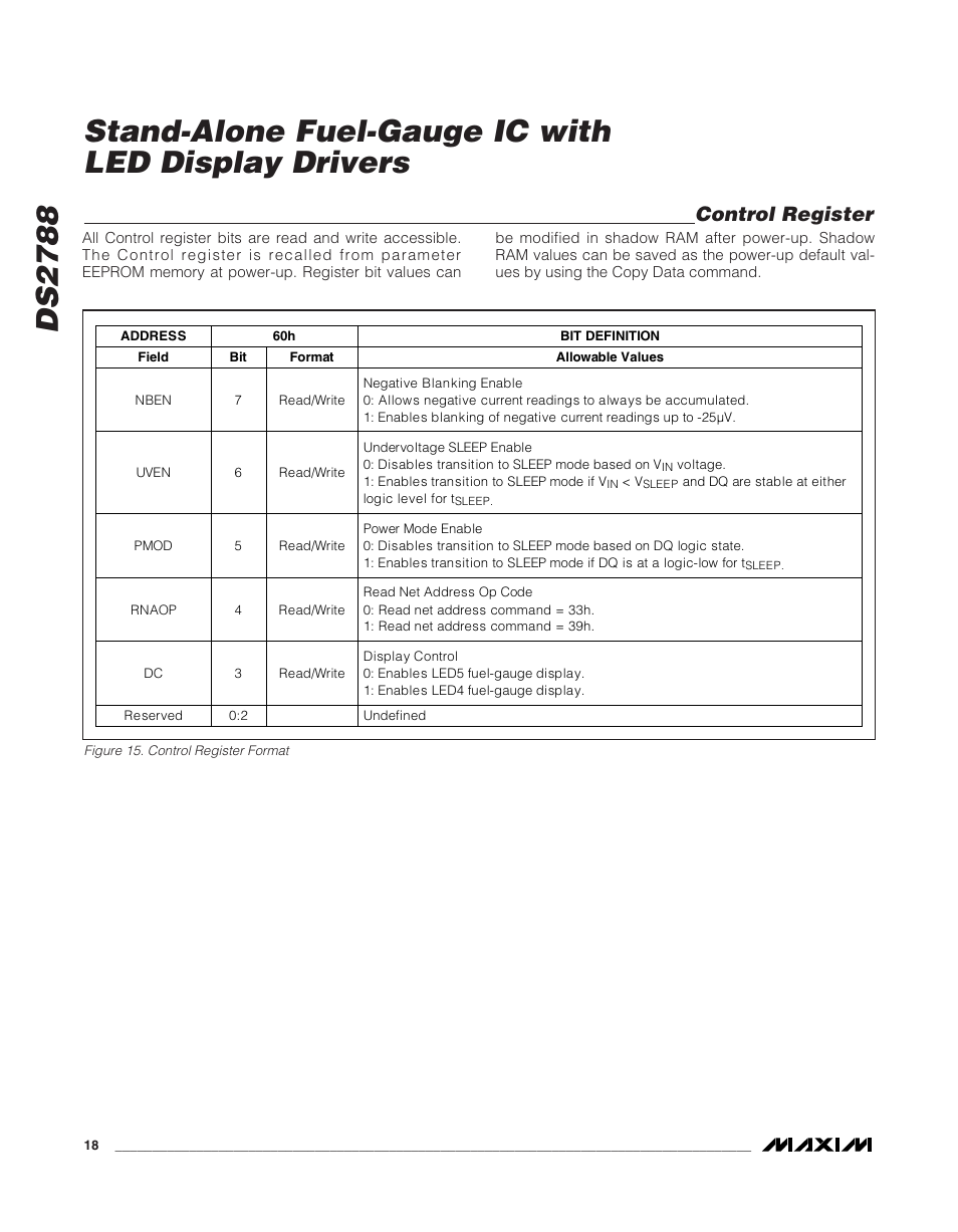 Ds 2 7 8 8, Stand-alone fuel-gauge ic with led display drivers, Control register | Rainbow Electronics DS2788 User Manual | Page 18 / 30