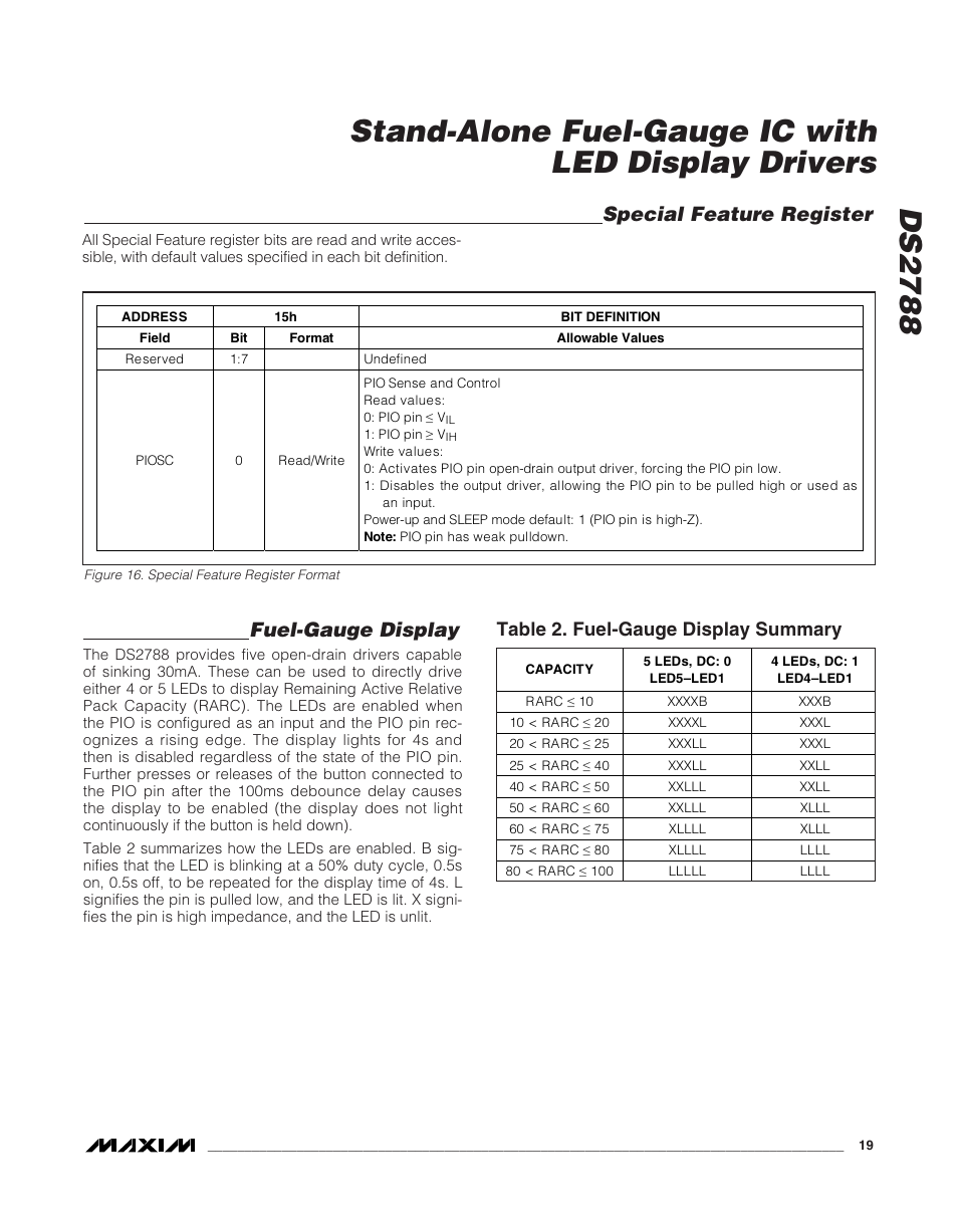 Fuel-gauge display, Special feature register | Rainbow Electronics DS2788 User Manual | Page 19 / 30