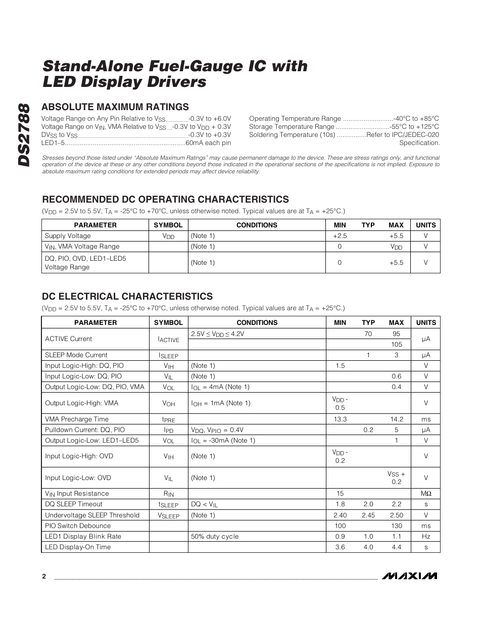 Dc electrical characteristics | Rainbow Electronics DS2788 User Manual | Page 2 / 30