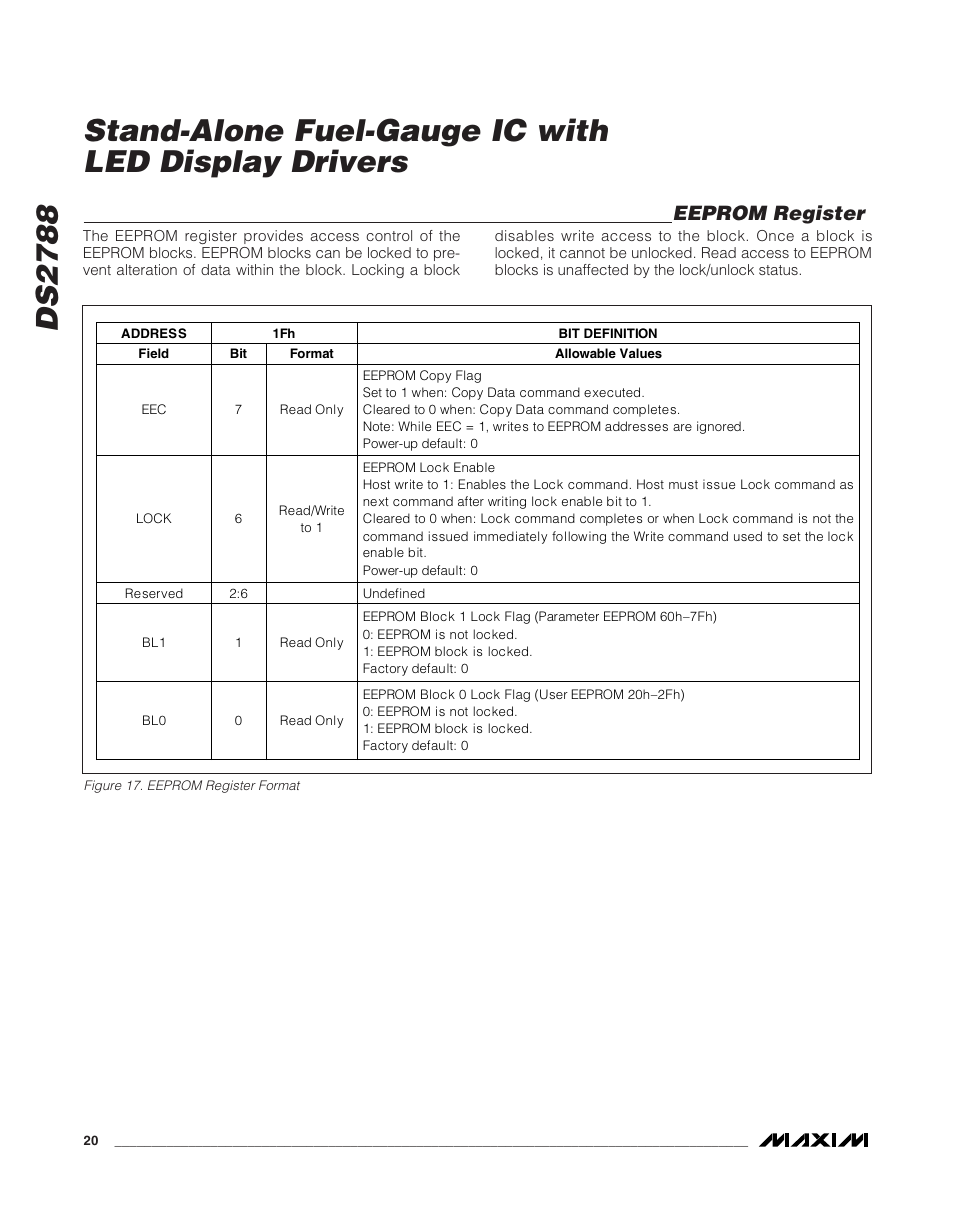 Ds 2 7 8 8, Stand-alone fuel-gauge ic with led display drivers, Eeprom register | Rainbow Electronics DS2788 User Manual | Page 20 / 30