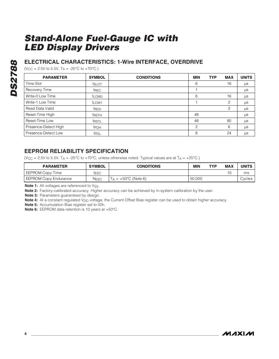 Eeprom reliability specification | Rainbow Electronics DS2788 User Manual | Page 4 / 30