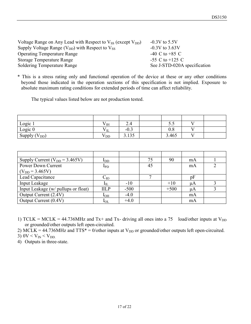 Ac characteristics, Absolute maximum ratings, Dc characteristics (-40 ° c to +85 ° c; v | 3v ± 5%) | Rainbow Electronics DS3150 User Manual | Page 17 / 22