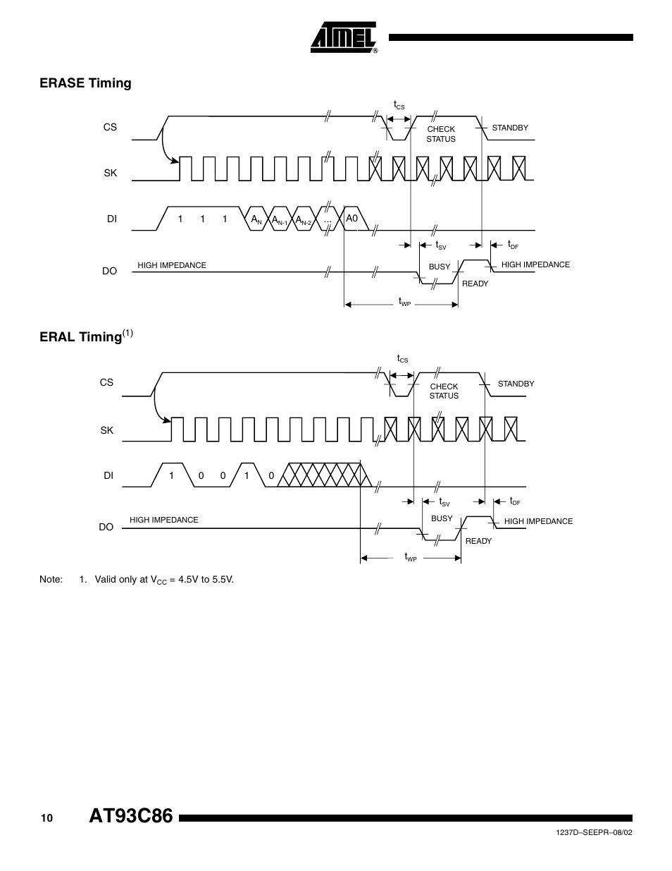 Erase timing, Eral timing(1), At93c86 | Erase timing eral timin g | Rainbow Electronics AT93C86 User Manual | Page 10 / 15