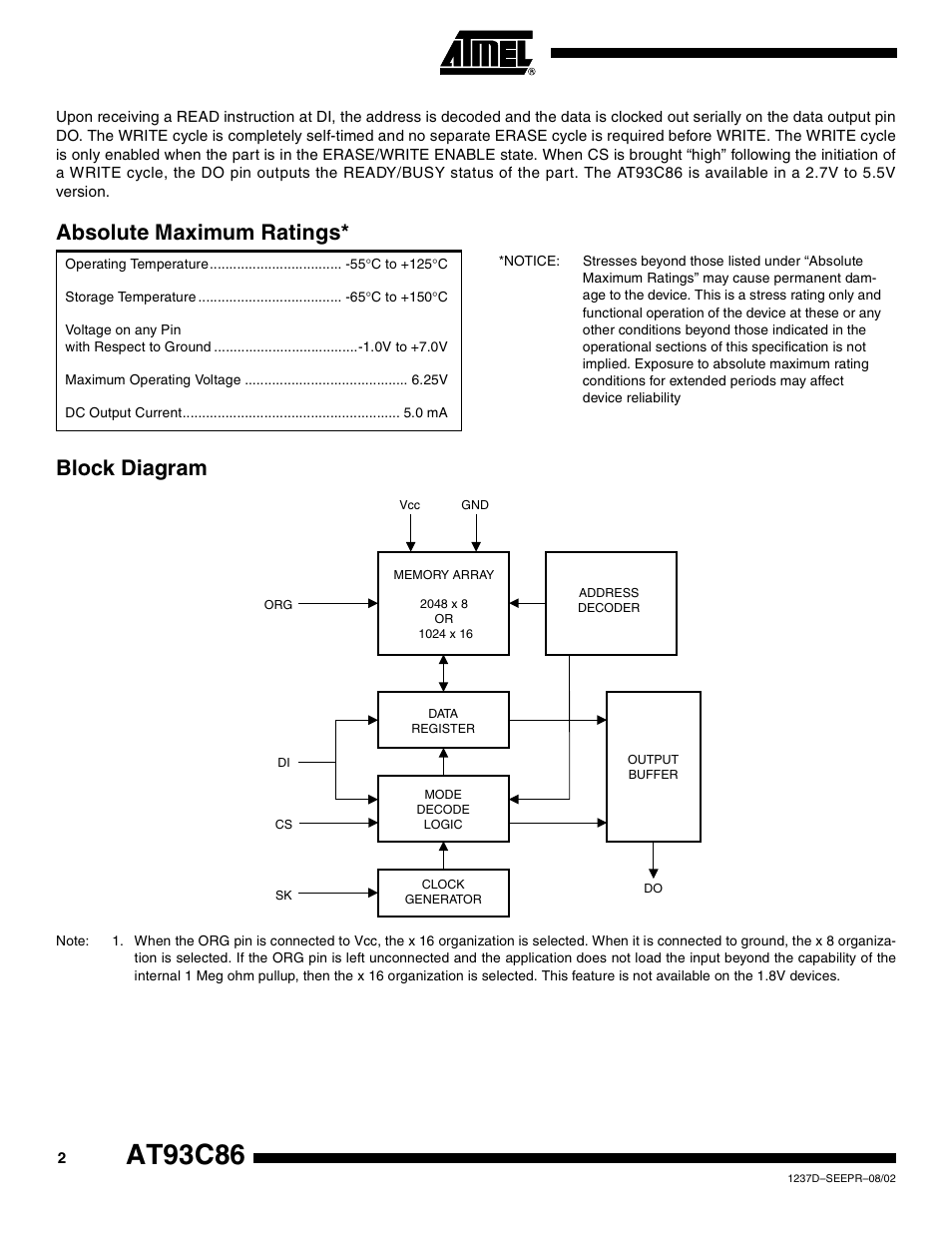 Block diagram, At93c86, Absolute maximum ratings | Rainbow Electronics AT93C86 User Manual | Page 2 / 15