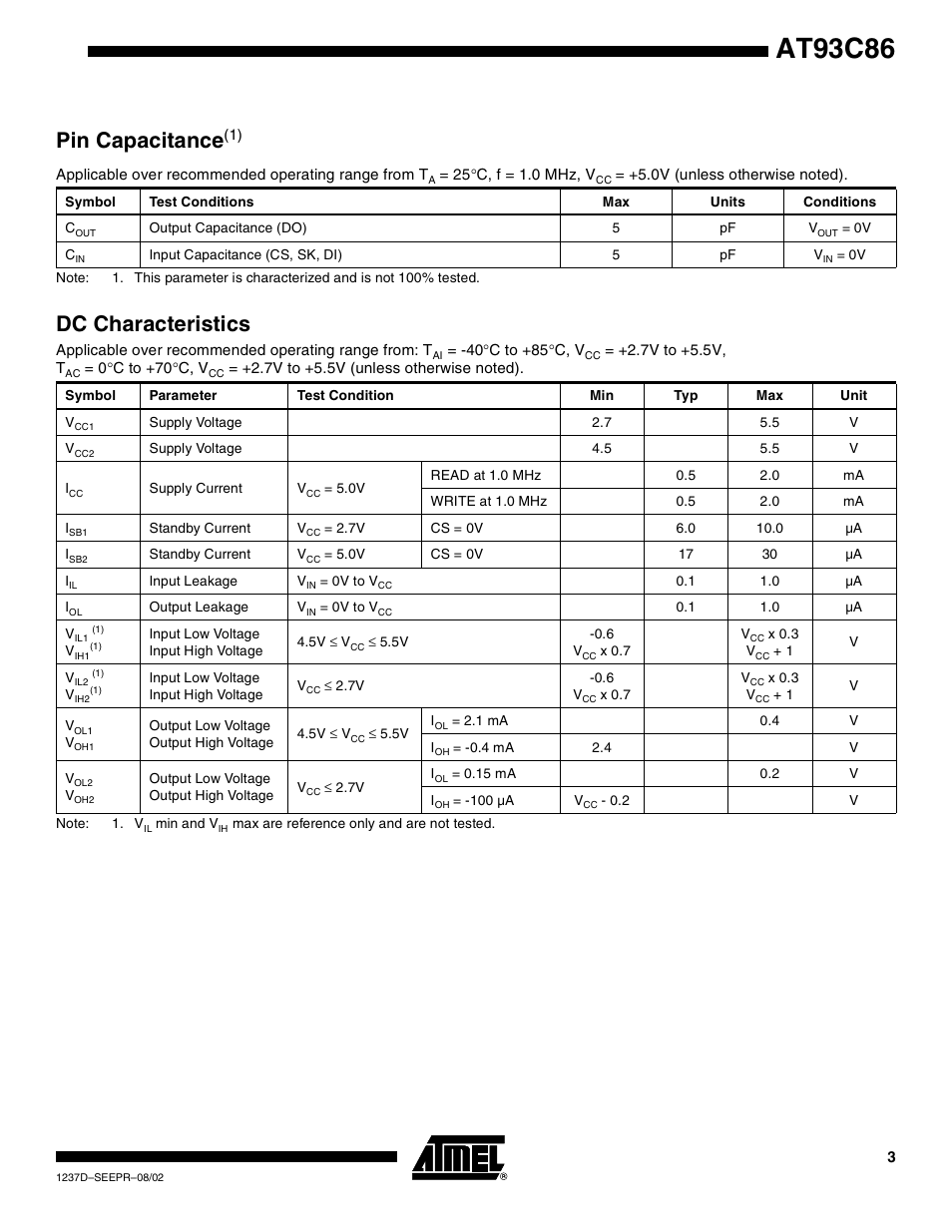 Pin capacitance(1), At93c86, Pin capacitanc e | Dc characteristics | Rainbow Electronics AT93C86 User Manual | Page 3 / 15