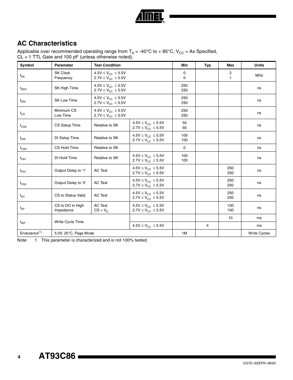 At93c86, Ac characteristics, Applicable over recommended operating range from t | 40°c to + 85°c, v | Rainbow Electronics AT93C86 User Manual | Page 4 / 15