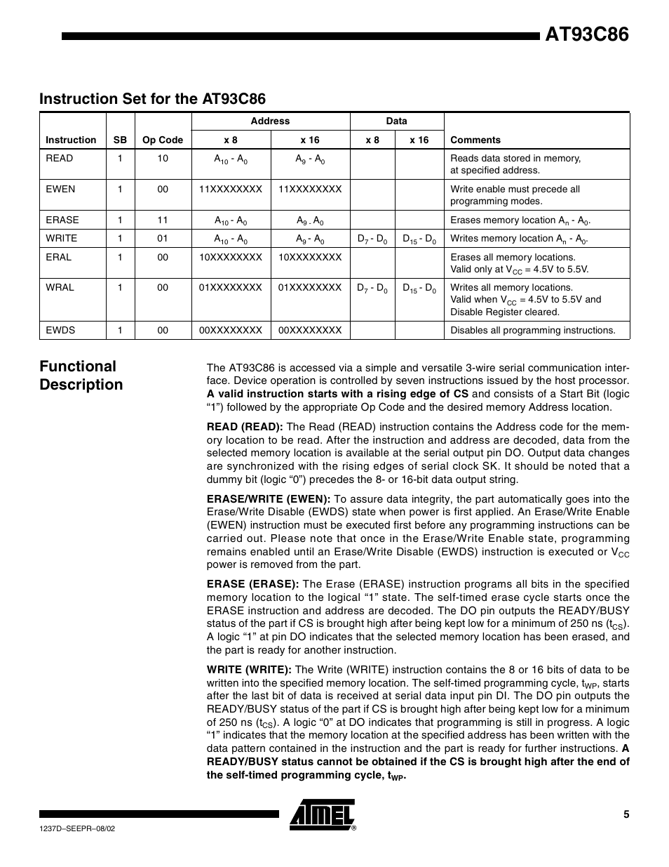 Functional description, At93c86, Instruction set for the at93c86 | Rainbow Electronics AT93C86 User Manual | Page 5 / 15