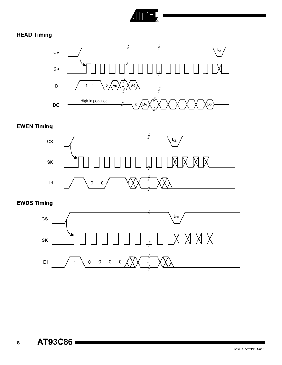 Read timing, Ewen timing, Ewds timing | At93c86, Read timing ewen timing ewds timing | Rainbow Electronics AT93C86 User Manual | Page 8 / 15