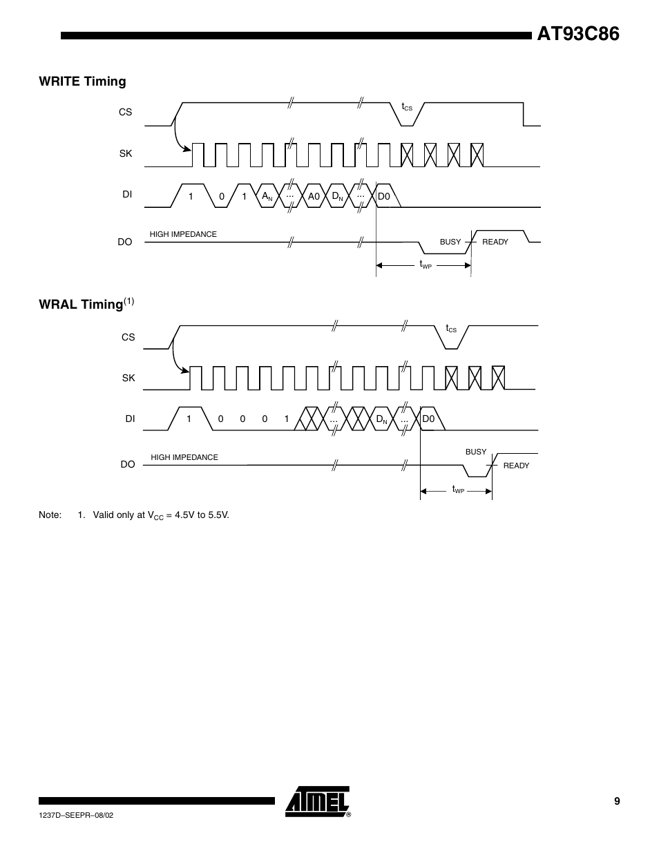 Write timing, Wral timing(1), At93c86 | Write timing wral timing | Rainbow Electronics AT93C86 User Manual | Page 9 / 15