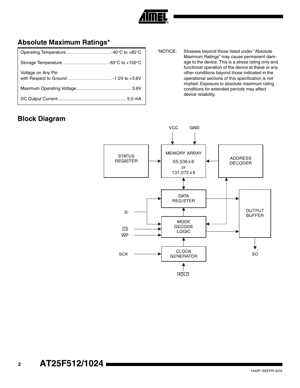 Block diagram, Absolute maximum ratings | Rainbow Electronics AT25F1024 User Manual | Page 2 / 18