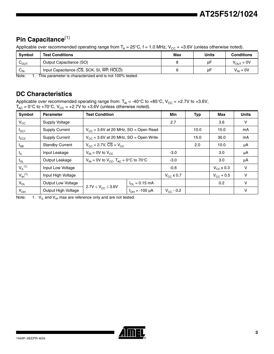 Pin capacitance, Dc characteristics | Rainbow Electronics AT25F1024 User Manual | Page 3 / 18