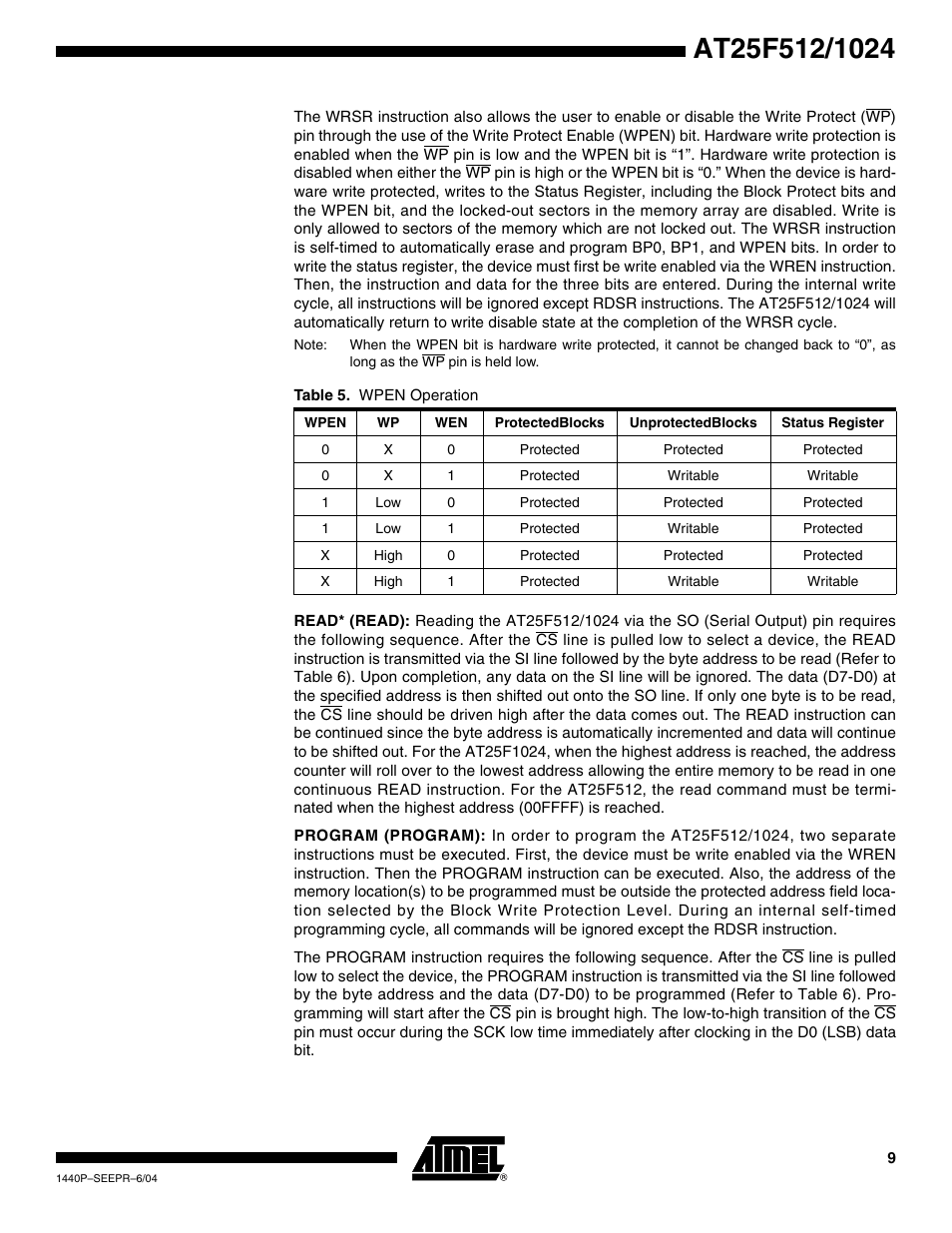 See table 5 | Rainbow Electronics AT25F1024 User Manual | Page 9 / 18