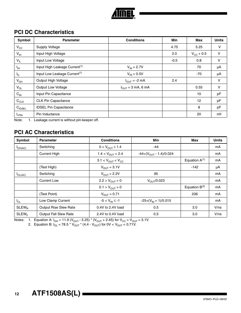 Pci dc characteristics, Pci ac characteristics, Atf1508as(l) | Rainbow Electronics ATF1508ASL User Manual | Page 12 / 30