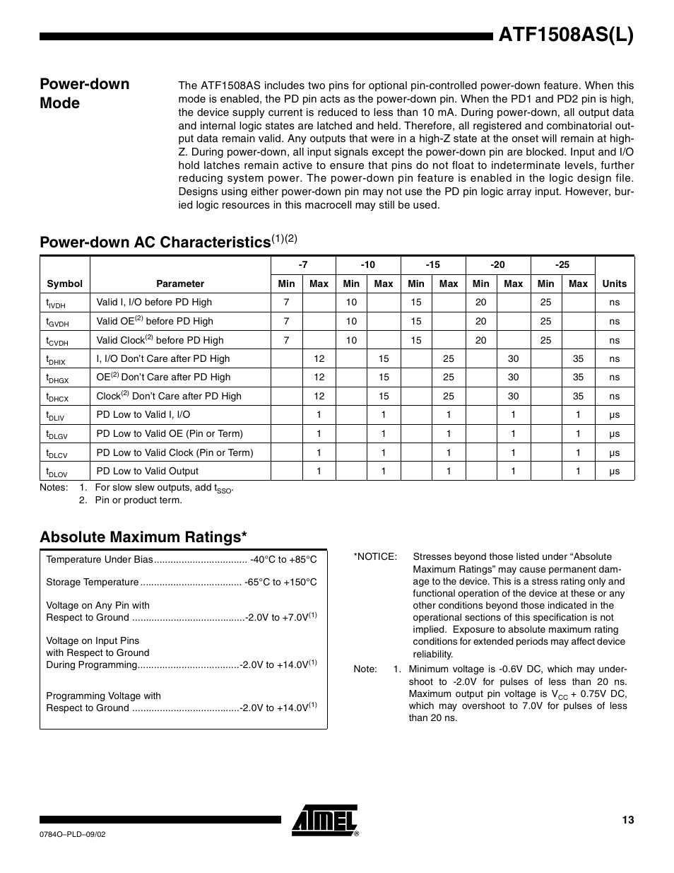 Power-down mode, Power-down ac characteristics(1)(2), Absolute maximum ratings | Atf1508as(l), Power-down ac characteristi cs | Rainbow Electronics ATF1508ASL User Manual | Page 13 / 30