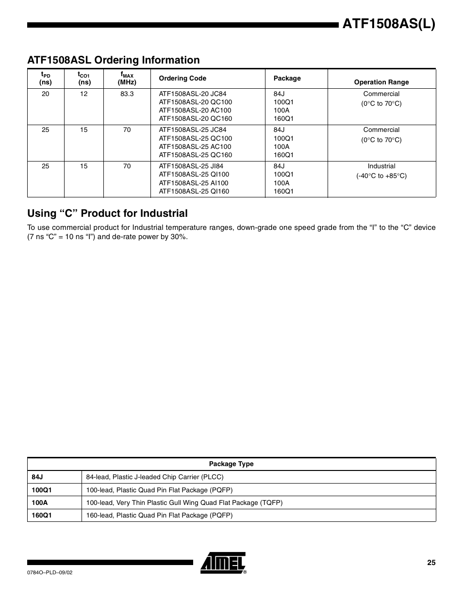 Atf1508asl ordering information, Using “c” product for industrial, Atf1508as(l) | Rainbow Electronics ATF1508ASL User Manual | Page 25 / 30