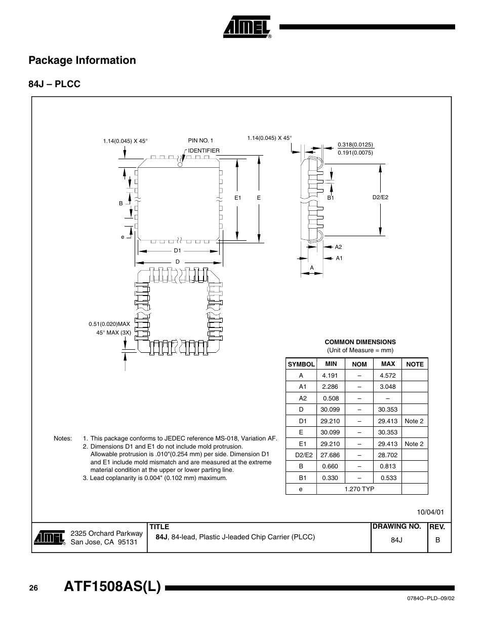 Package information, 84j – plcc, Atf1508as(l) | Rainbow Electronics ATF1508ASL User Manual | Page 26 / 30