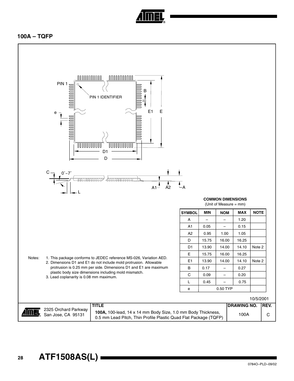 100a – tqfp, Atf1508as(l) | Rainbow Electronics ATF1508ASL User Manual | Page 28 / 30
