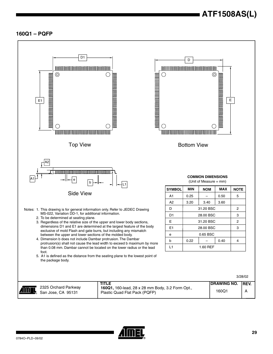 160q1 – pqfp, Atf1508as(l), Side view top view bottom view | Rainbow Electronics ATF1508ASL User Manual | Page 29 / 30