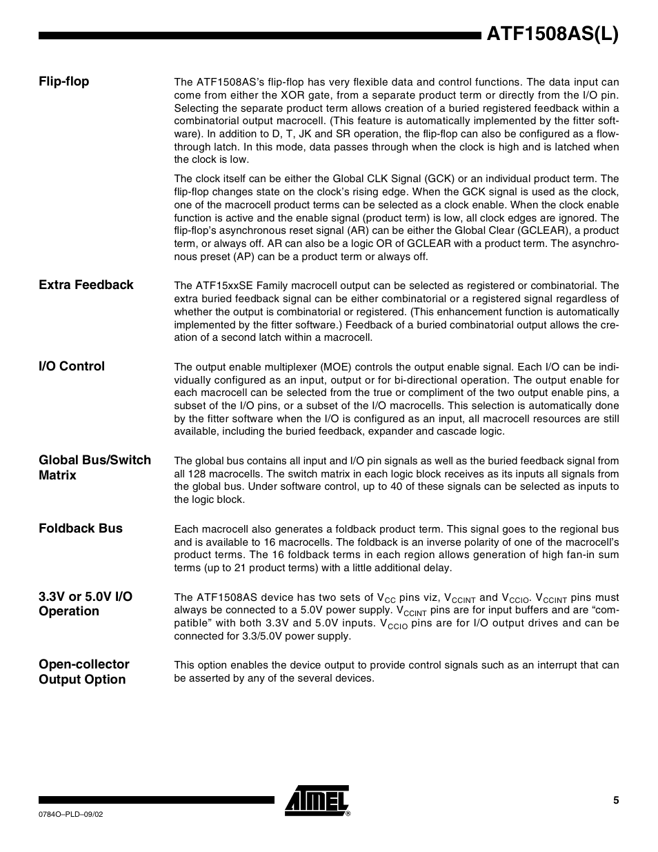 Flip-flop, Extra feedback, I/o control | Global bus/switch matrix, Foldback bus, 3v or 5.0v i/o operation, Open-collector output option, Atf1508as(l) | Rainbow Electronics ATF1508ASL User Manual | Page 5 / 30