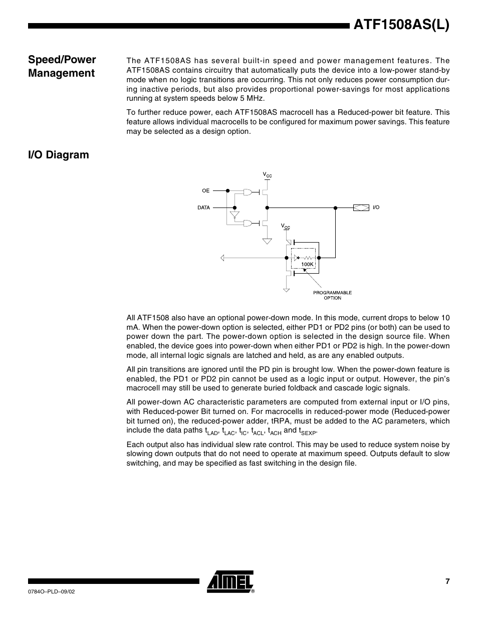 Speed/power management, I/o diagram, Atf1508as(l) | Rainbow Electronics ATF1508ASL User Manual | Page 7 / 30