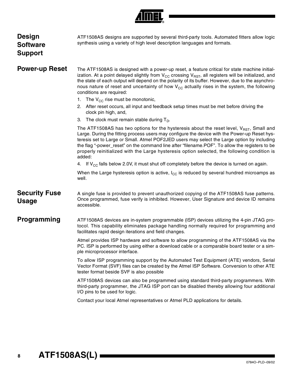 Design software support, Power-up reset, Security fuse usage | Programming, Atf1508as(l) | Rainbow Electronics ATF1508ASL User Manual | Page 8 / 30