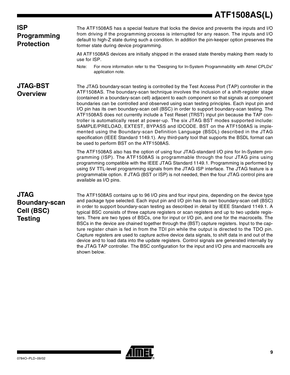 Isp programming protection, Jtag-bst overview, Jtag boundary-scan cell (bsc) testing | Atf1508as(l) | Rainbow Electronics ATF1508ASL User Manual | Page 9 / 30