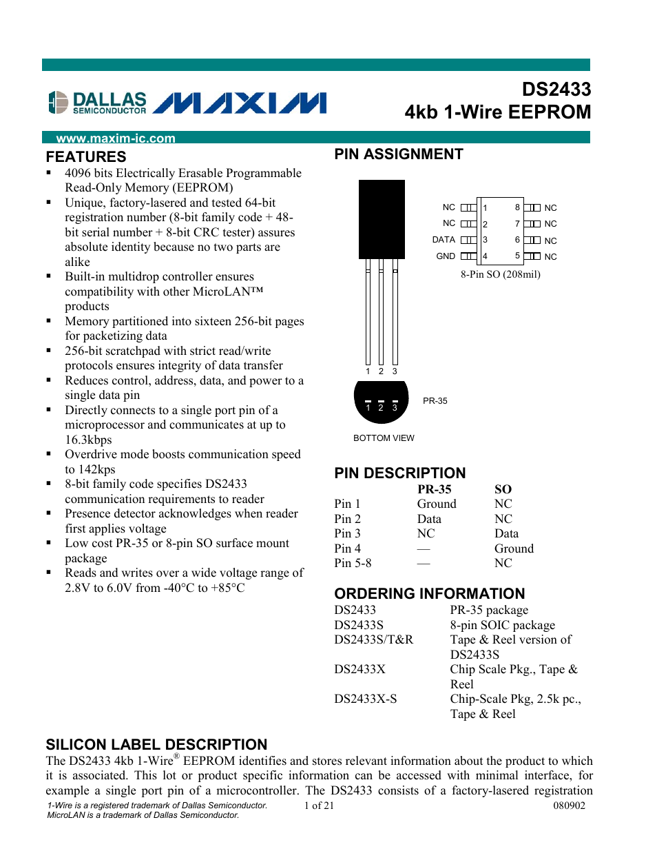 Rainbow Electronics DS2433 User Manual | 21 pages