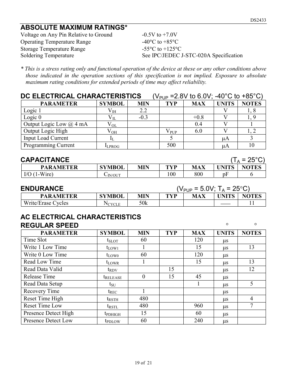 Absolute maximum ratings, Dc electrical characteristics (v, Capacitance (t | 25°c), Endurance (v, 0v; t, 25 °c), Ac electrical characteristics regular speed (v | Rainbow Electronics DS2433 User Manual | Page 19 / 21