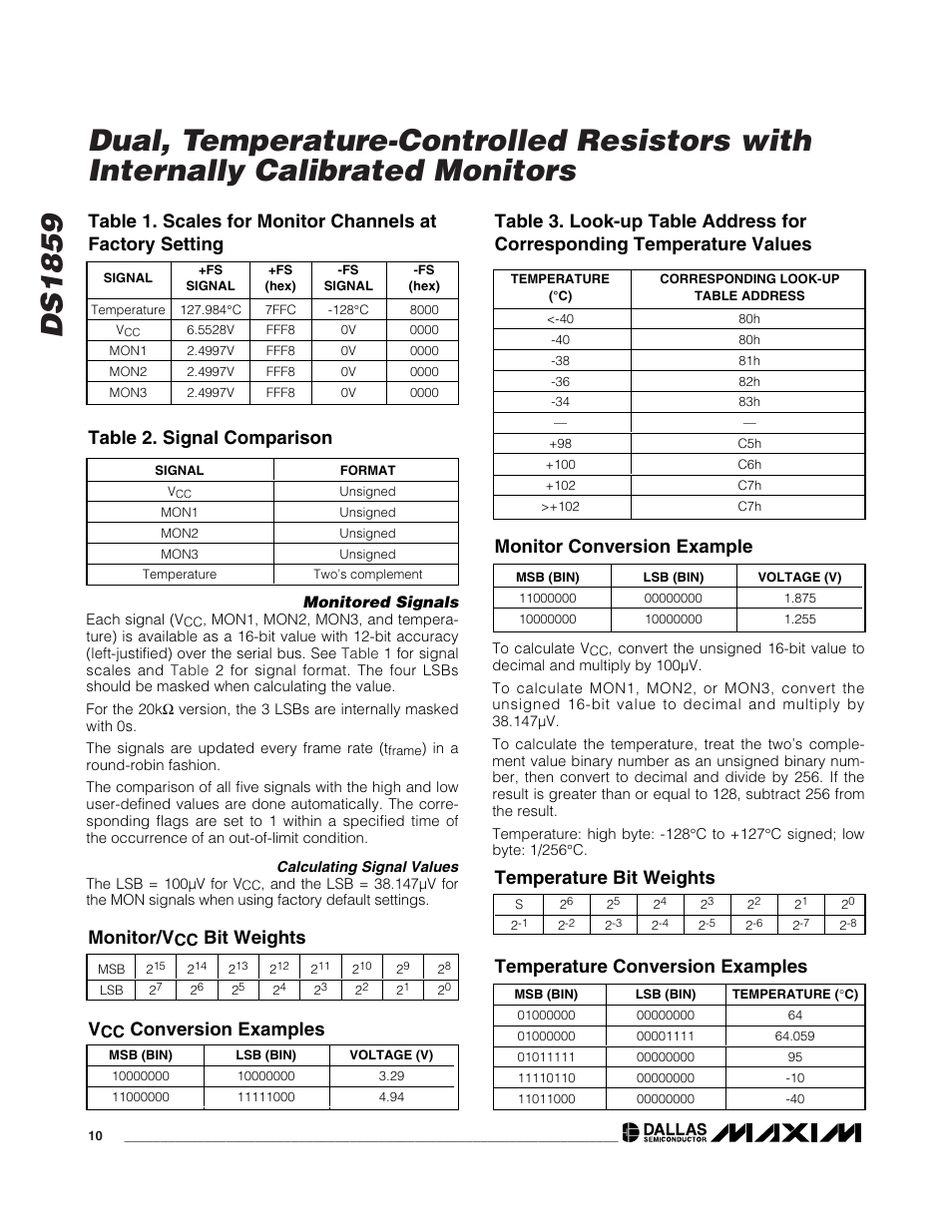Table 2. signal comparison, Monitor/v | Rainbow Electronics DS1859 User Manual | Page 10 / 28