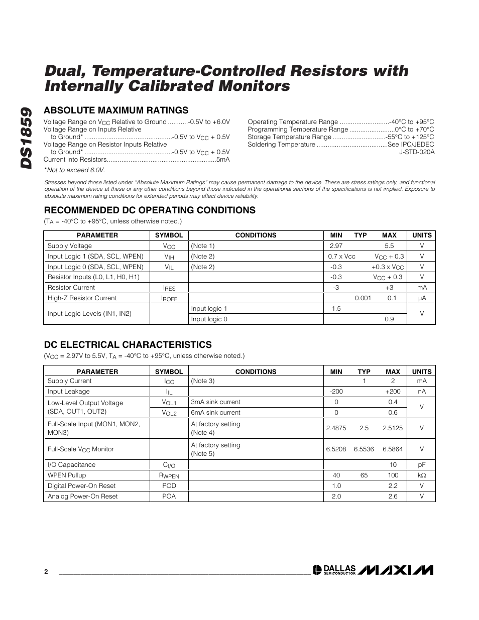 Absolute maximum ratings, Recommended dc operating conditions, Dc electrical characteristics | Rainbow Electronics DS1859 User Manual | Page 2 / 28