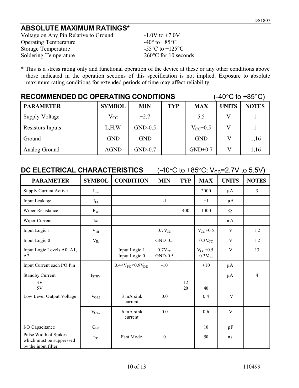Absolute maximum ratings, Dc electrical characteristics (-40 °c to +85°c; v, 7v to 5.5v) | Rainbow Electronics DS1807 User Manual | Page 10 / 13