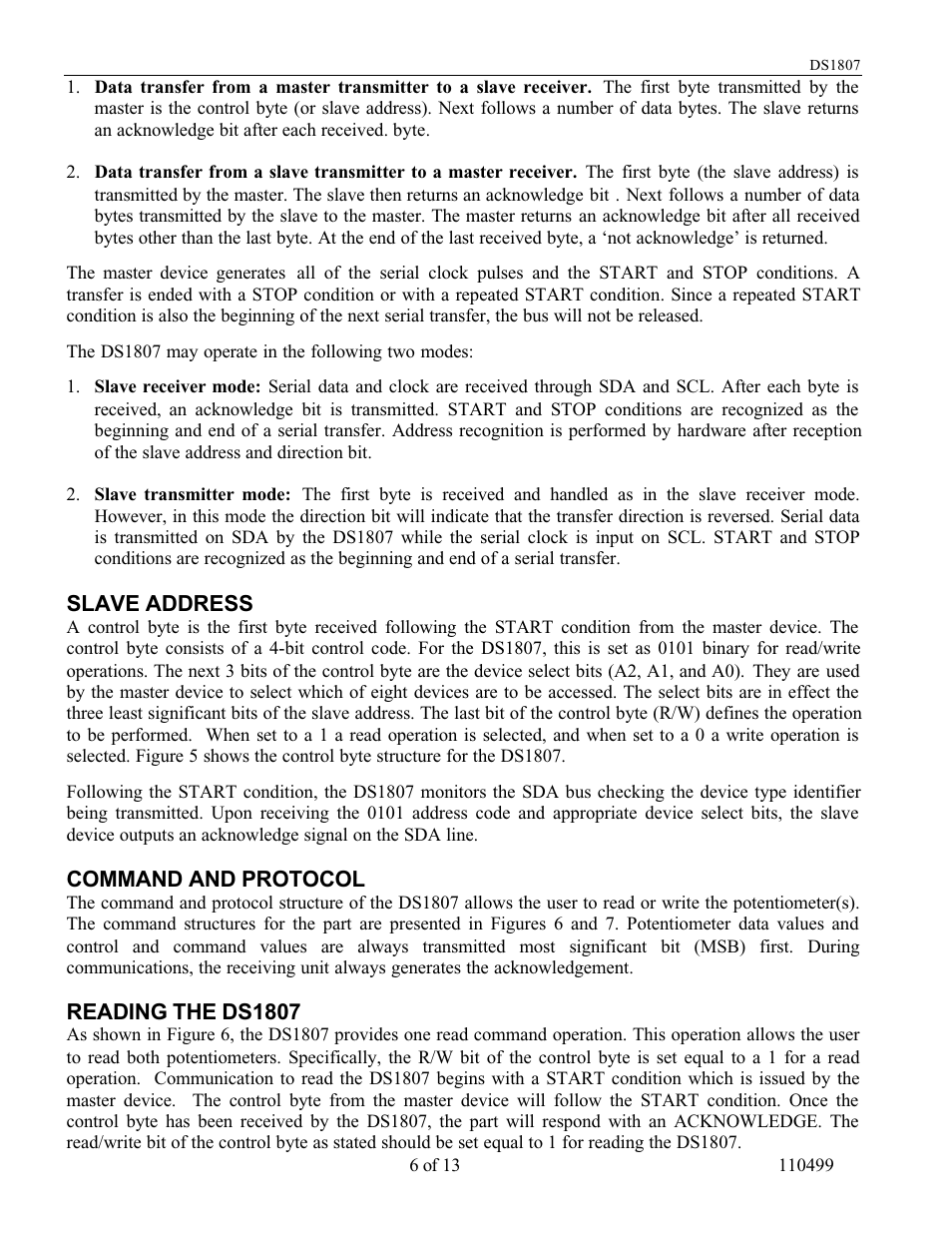 Slave address, Command and protocol, Reading the ds1807 | Rainbow Electronics DS1807 User Manual | Page 6 / 13