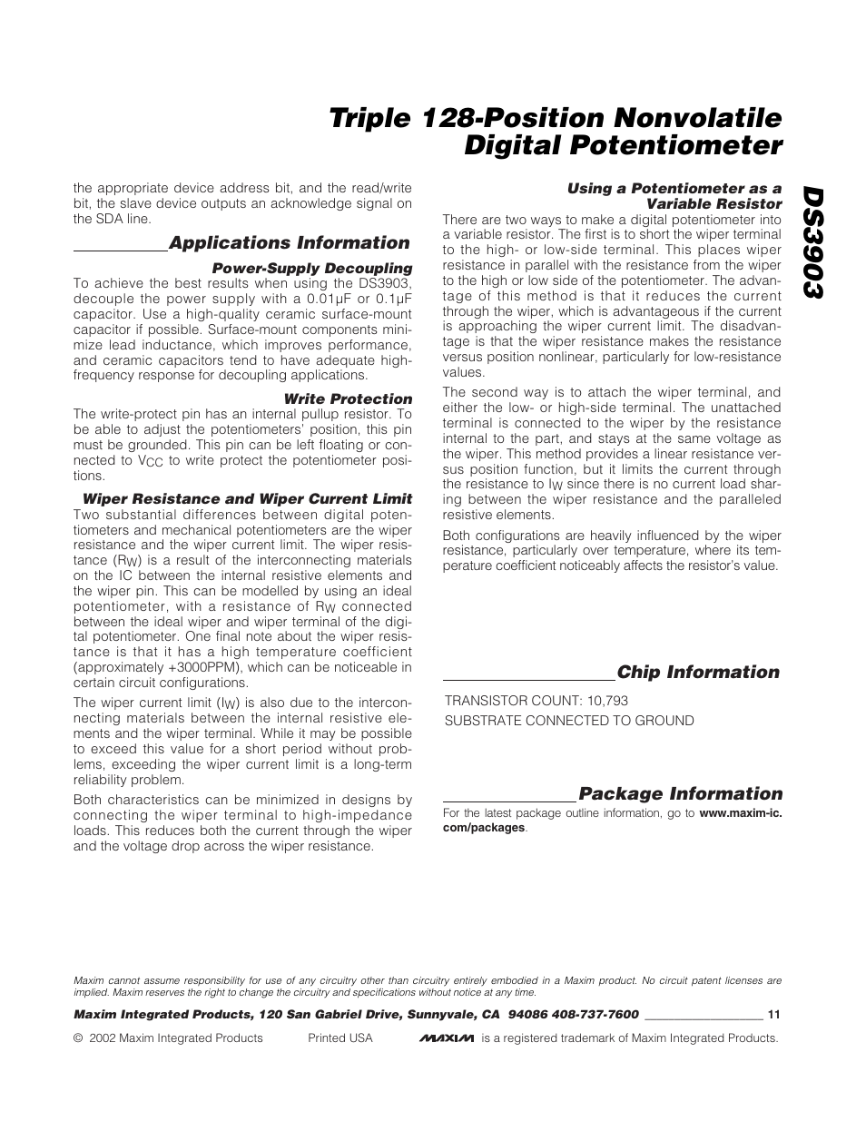 Applications information, Chip information, Package information | Rainbow Electronics DS3903 User Manual | Page 11 / 11