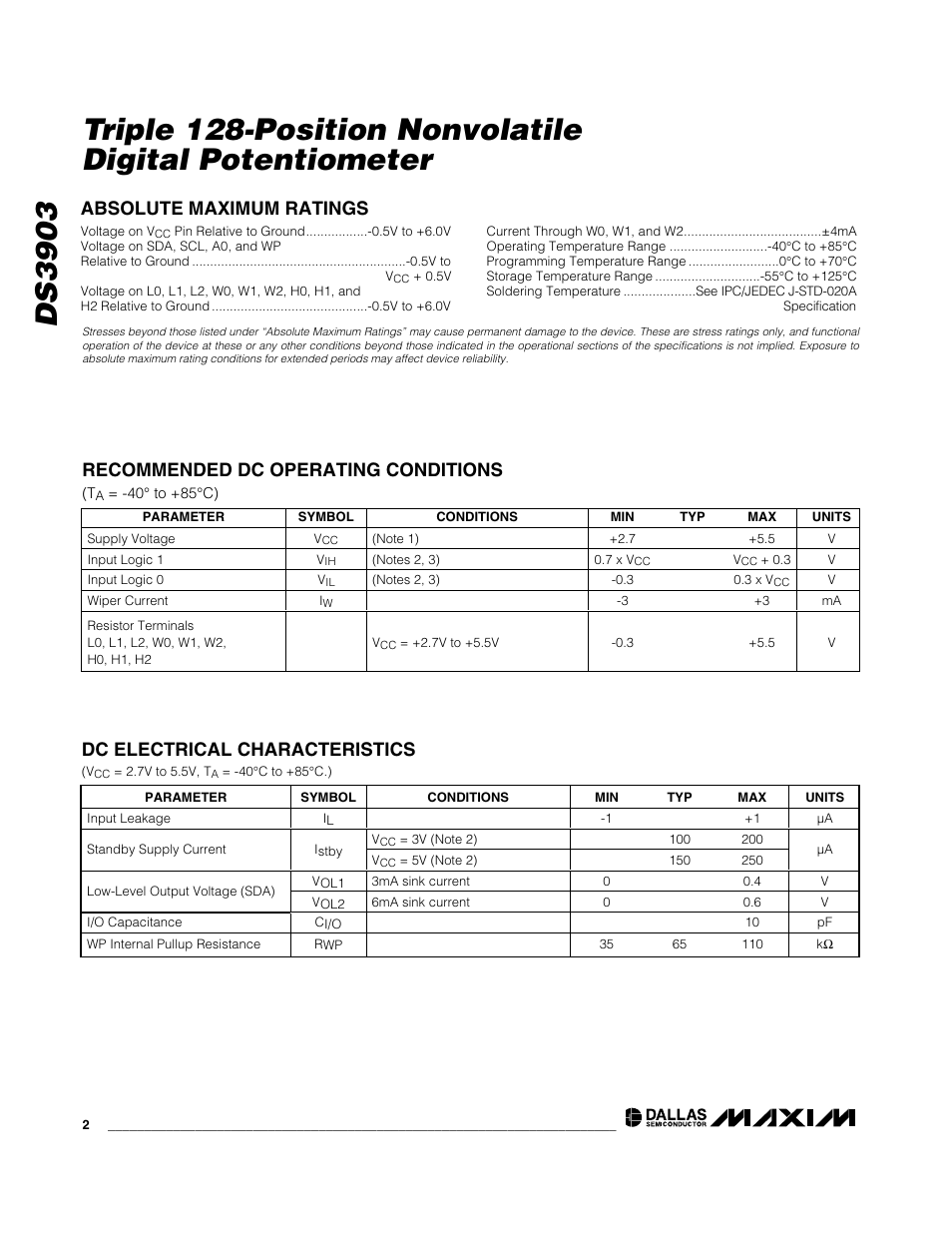 Dc electrical characteristics | Rainbow Electronics DS3903 User Manual | Page 2 / 11