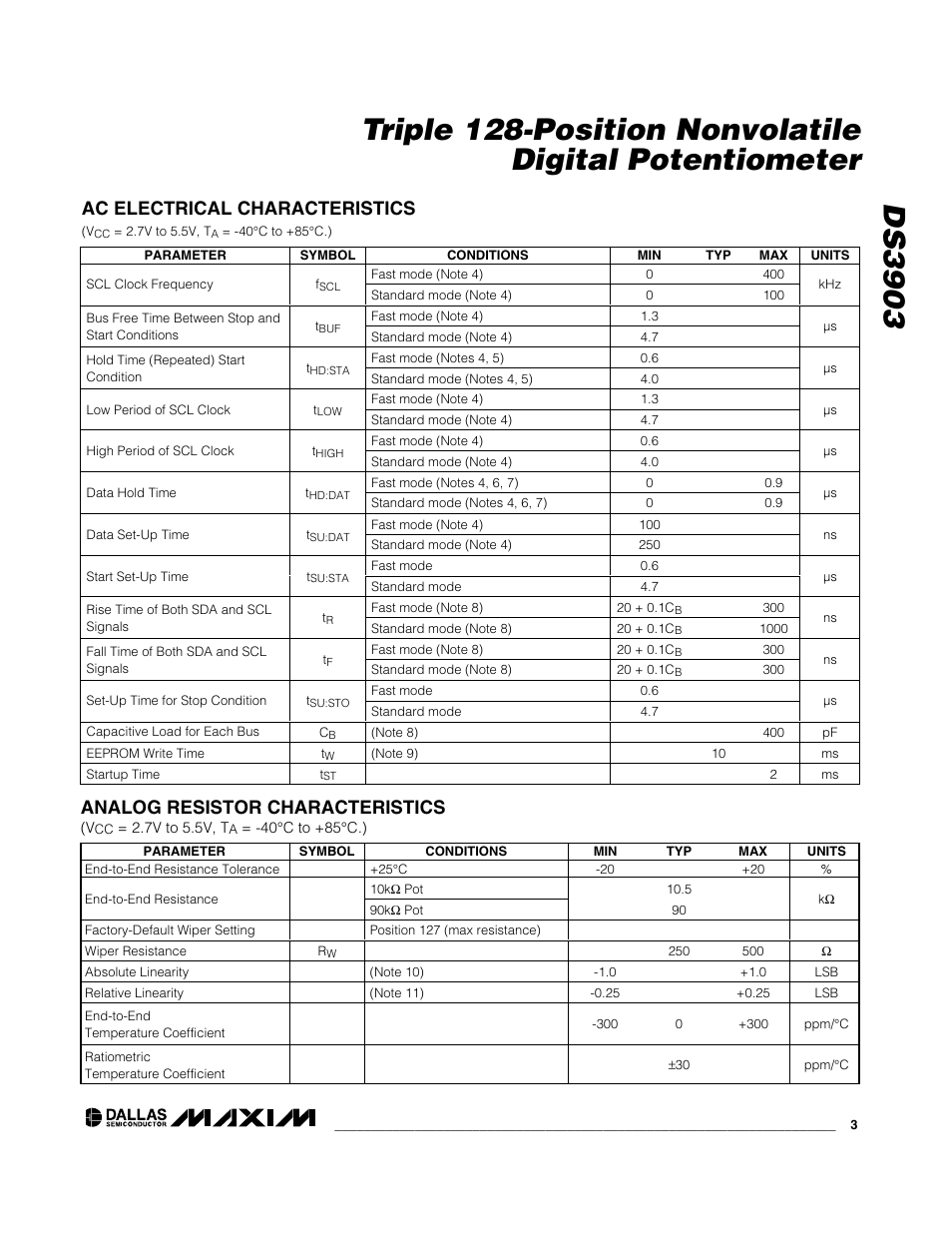 Ac electrical characteristics, Analog resistor characteristics | Rainbow Electronics DS3903 User Manual | Page 3 / 11