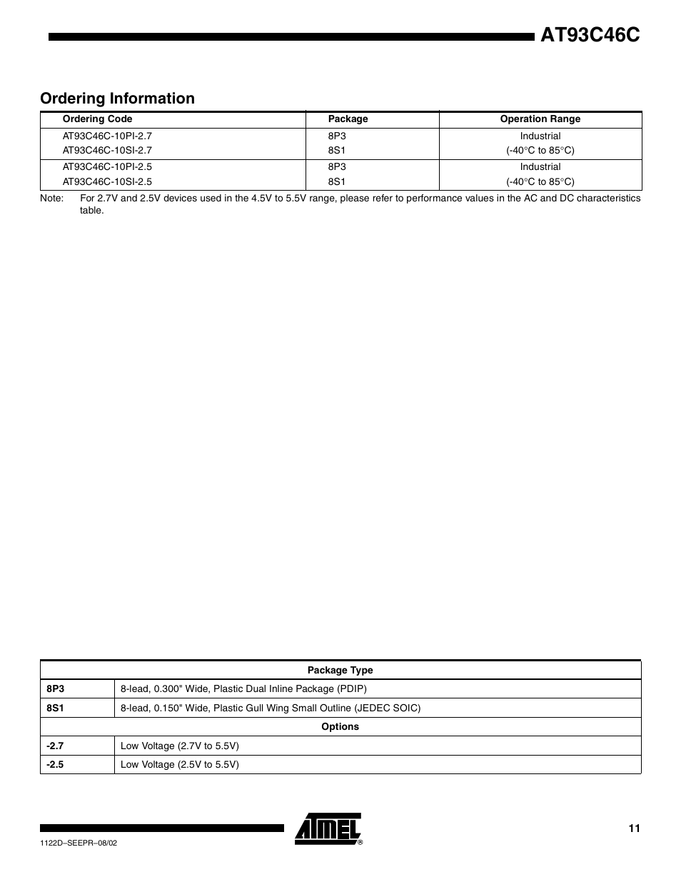 At93c46c, Ordering information | Rainbow Electronics AT93C46C User Manual | Page 11 / 14