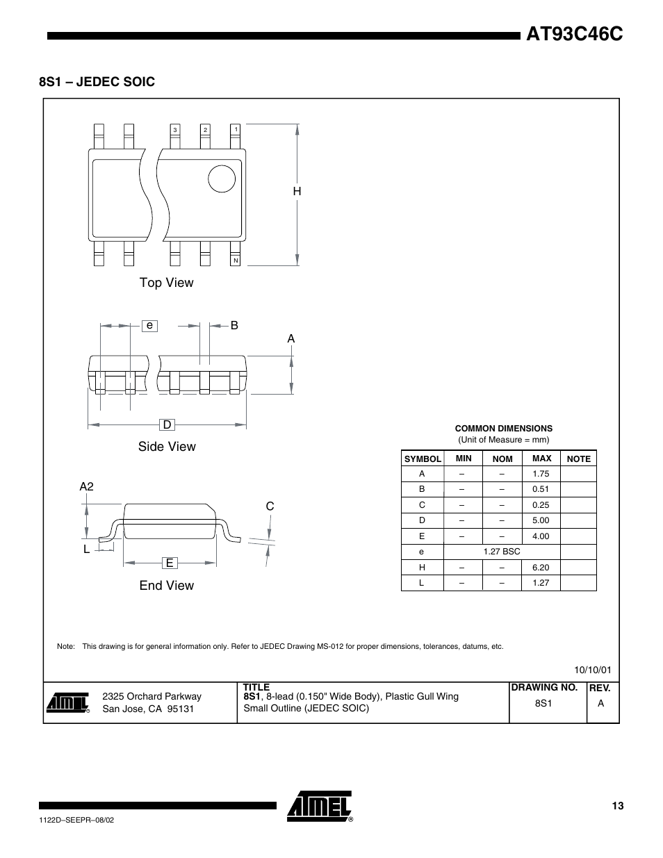 8s1 – jedec soic, At93c46c, Top view | End view, Side view | Rainbow Electronics AT93C46C User Manual | Page 13 / 14