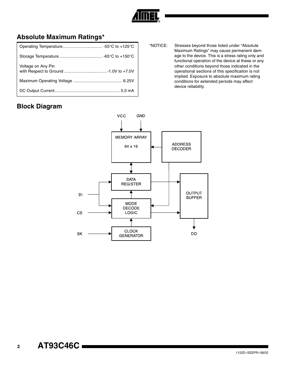 Block diagram, At93c46c, Block diagram absolute maximum ratings | Rainbow Electronics AT93C46C User Manual | Page 2 / 14