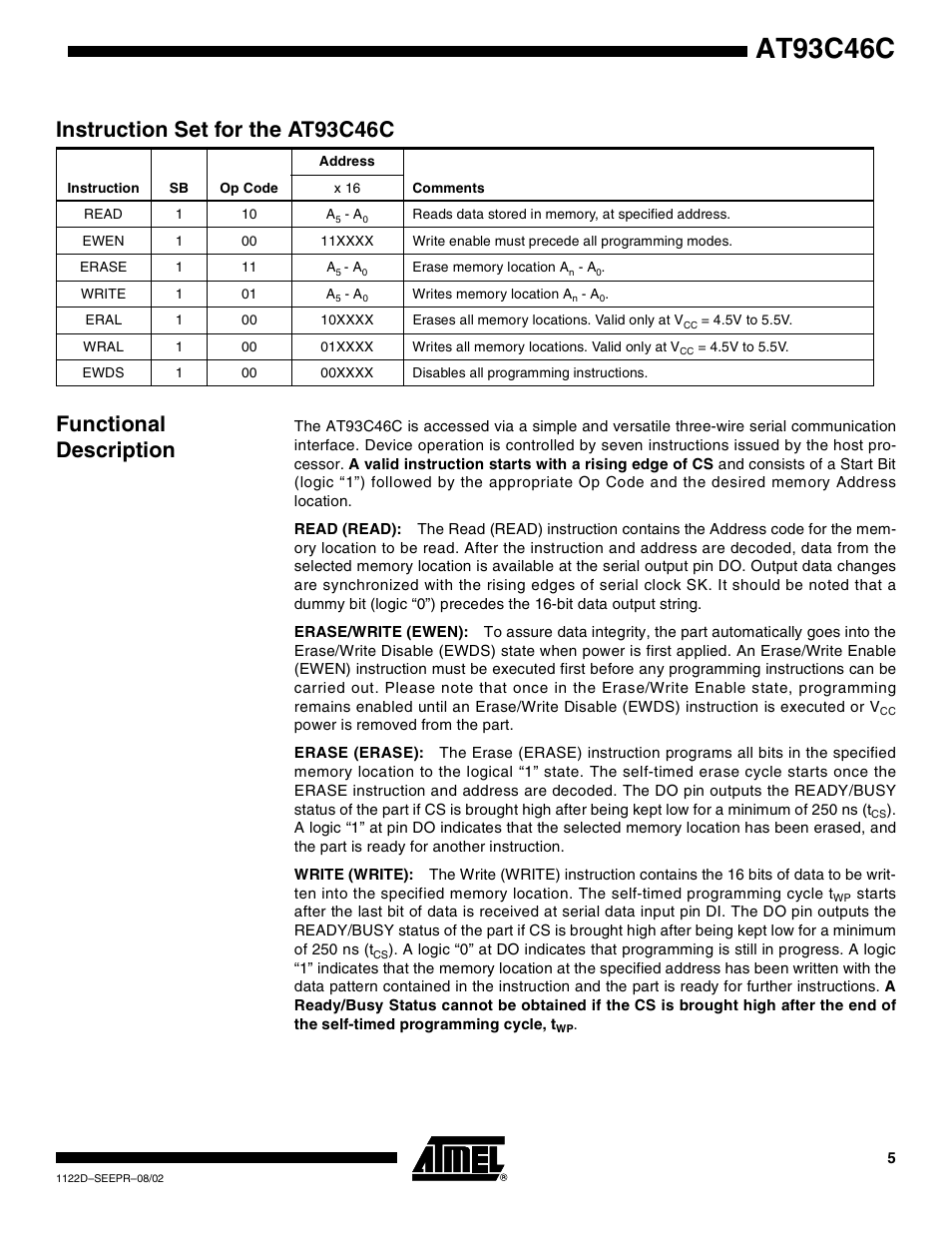 Instruction set for the at93c46c, Functional description, At93c46c | Rainbow Electronics AT93C46C User Manual | Page 5 / 14
