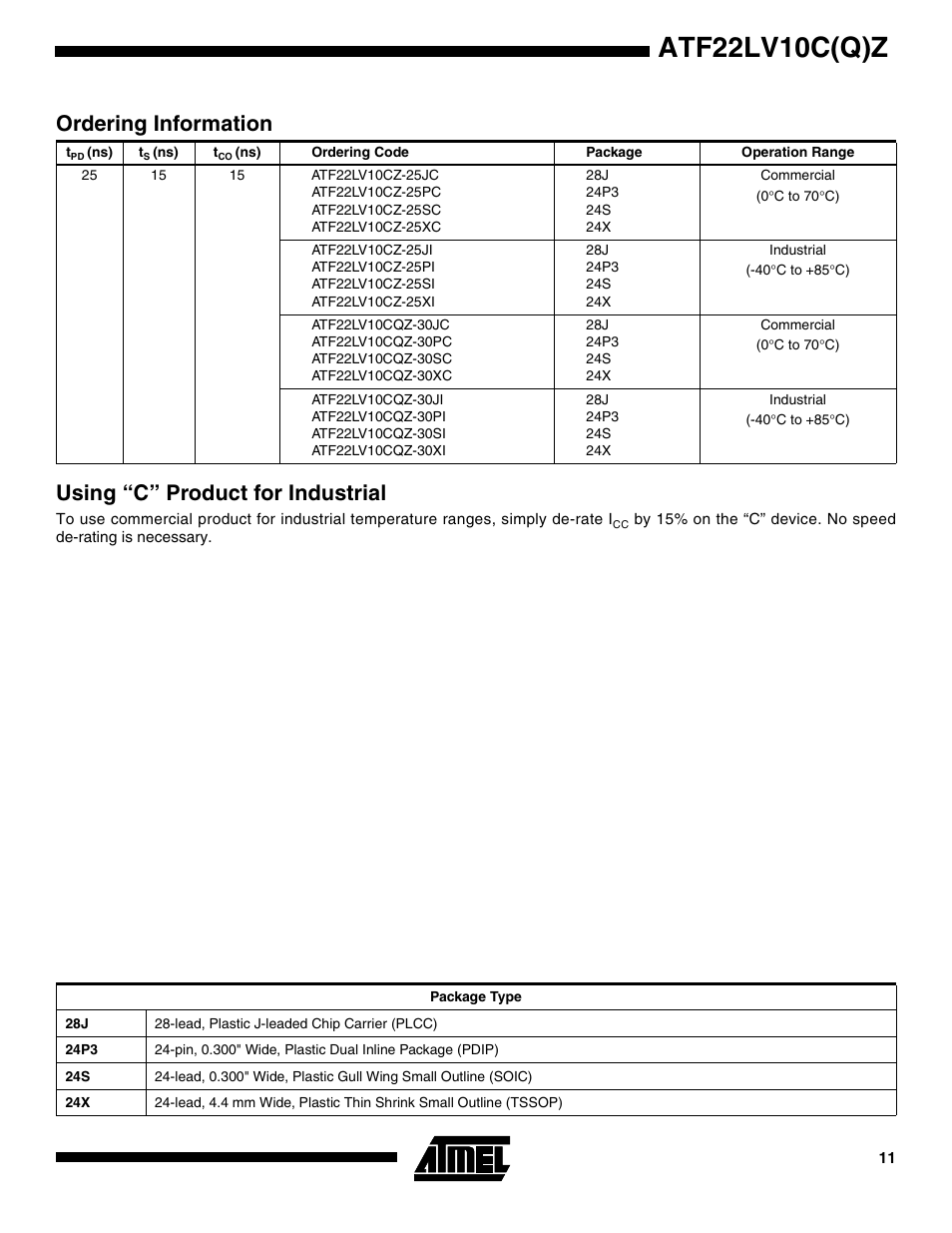 Ordering information, Using “c” product for industrial, Atf22lv10c(q)z | Rainbow Electronics ATF22LV10CQZ User Manual | Page 11 / 13