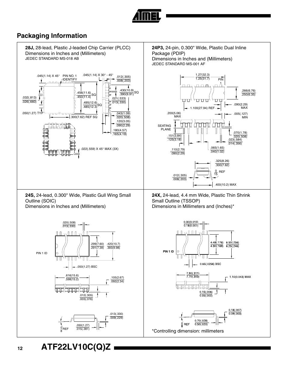 Atf22lv10c(q)z, Packaging information | Rainbow Electronics ATF22LV10CQZ User Manual | Page 12 / 13