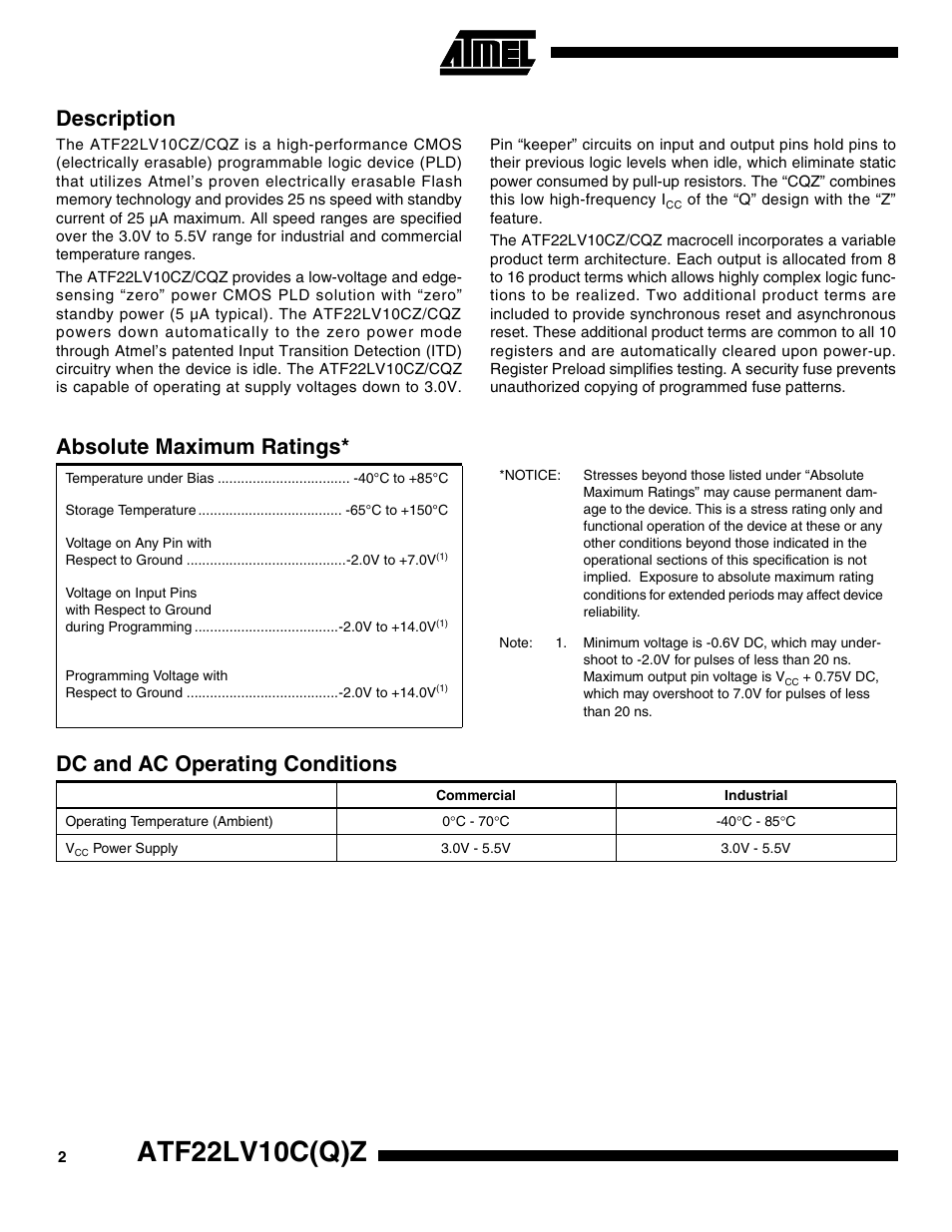 Description, Absolute maximum ratings, Dc and ac operating conditions | Atf22lv10c(q)z | Rainbow Electronics ATF22LV10CQZ User Manual | Page 2 / 13