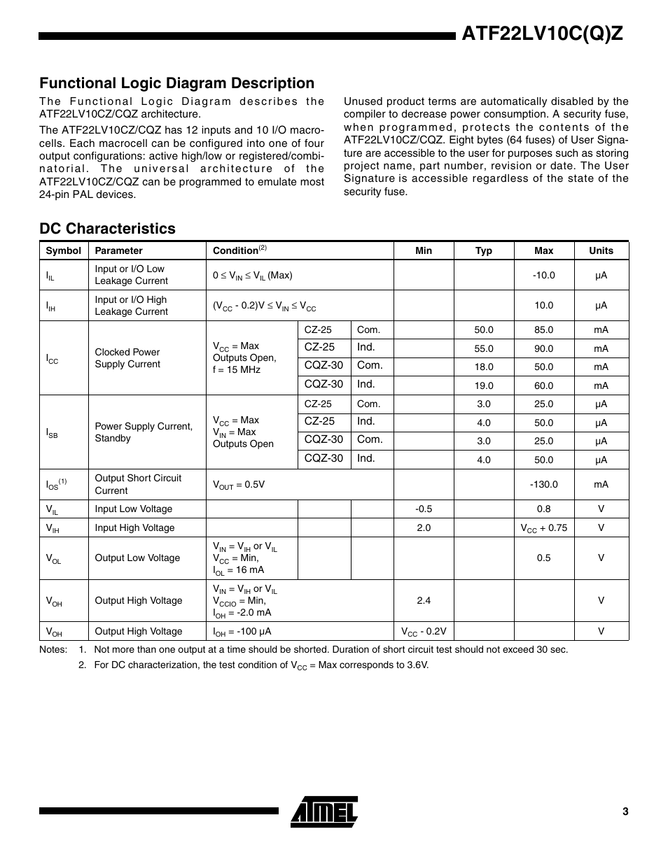 Functional logic diagram description, Dc characteristics, Atf22lv10c(q)z | Rainbow Electronics ATF22LV10CQZ User Manual | Page 3 / 13